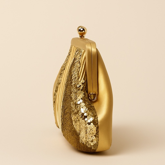 Valerie Stevens Vintage Gold Satin Sequin Beaded Clutch